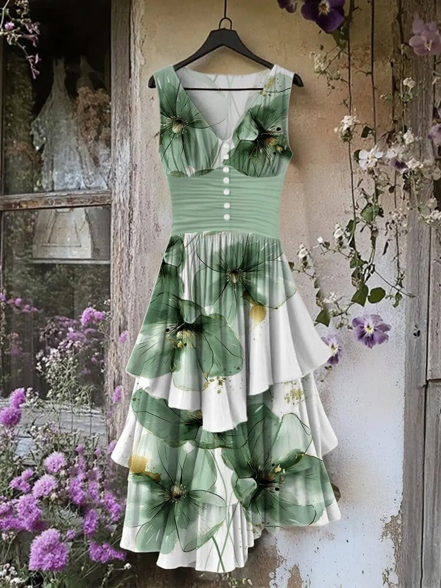 Retro Floral Art Print Vintage V-Neck Button Up Midi Dress