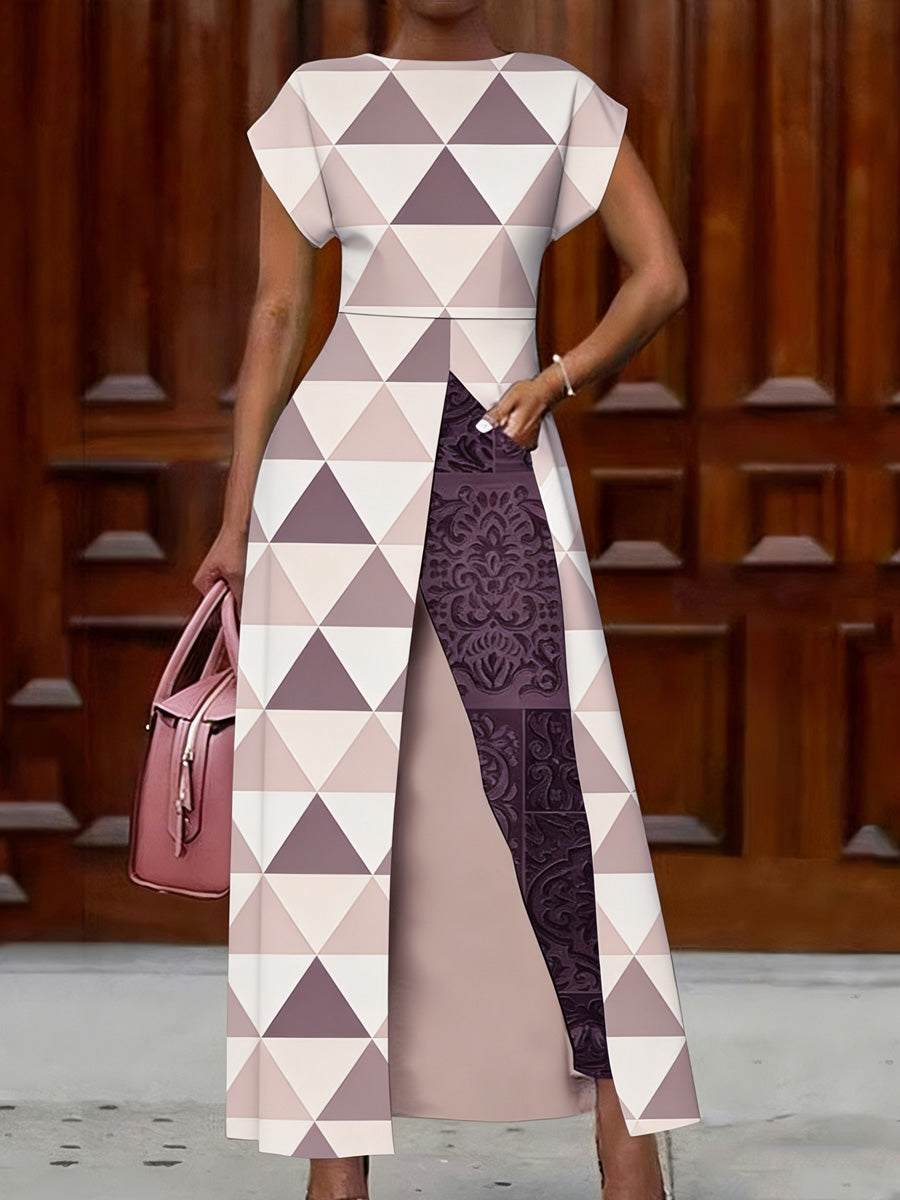Retro Geometry Abstract Art Print Vintage Long Split Shirts Dress Skinny Pants Two-Piece Set