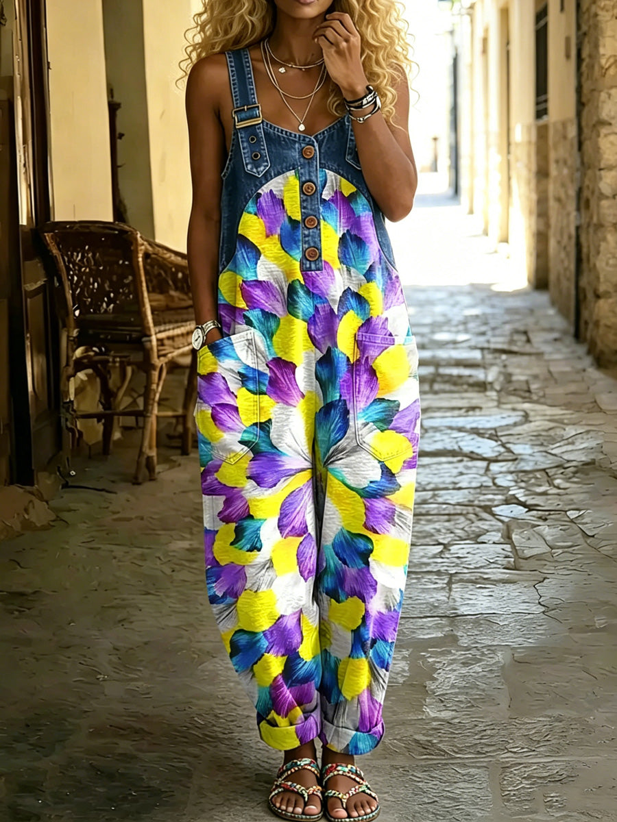 Women's Retro Style Print Washed Cotton Denim Patchwork Jumpsuit