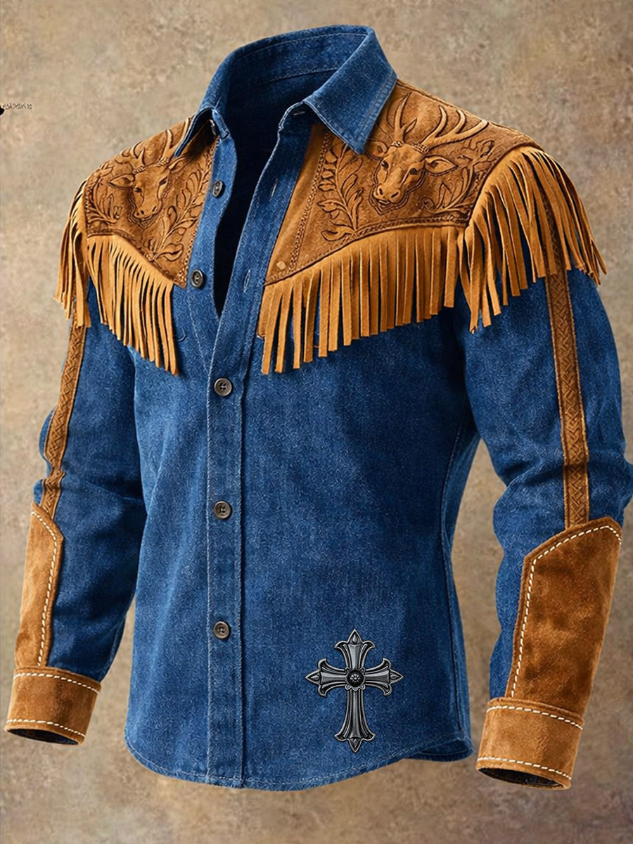 Men's Retro Western Style Art Print Vintage Tassel Casual Long Sleeve Shirt