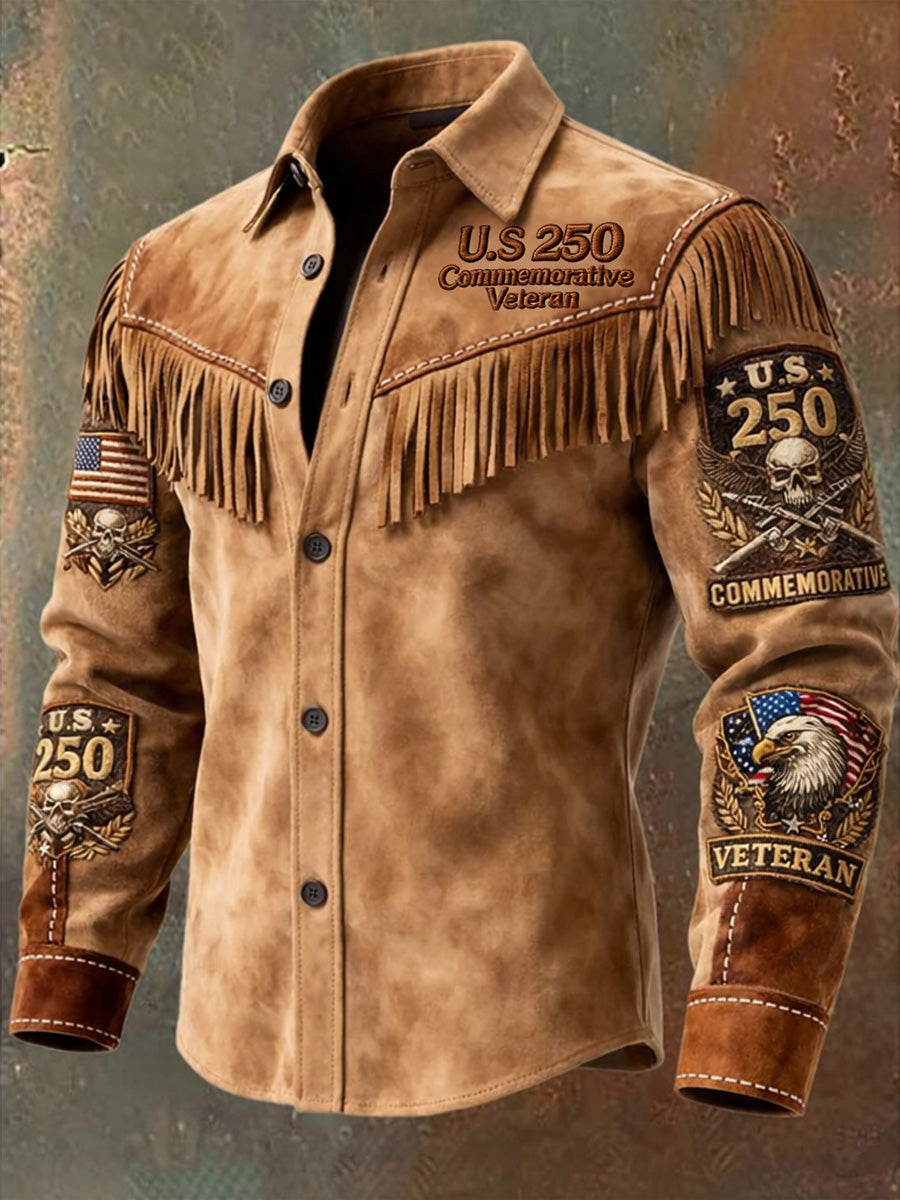 Men's Retro Western Style U.S 250 Commemorative Veteran Print Vintage Tassel Casual Long Sleeve Shirt