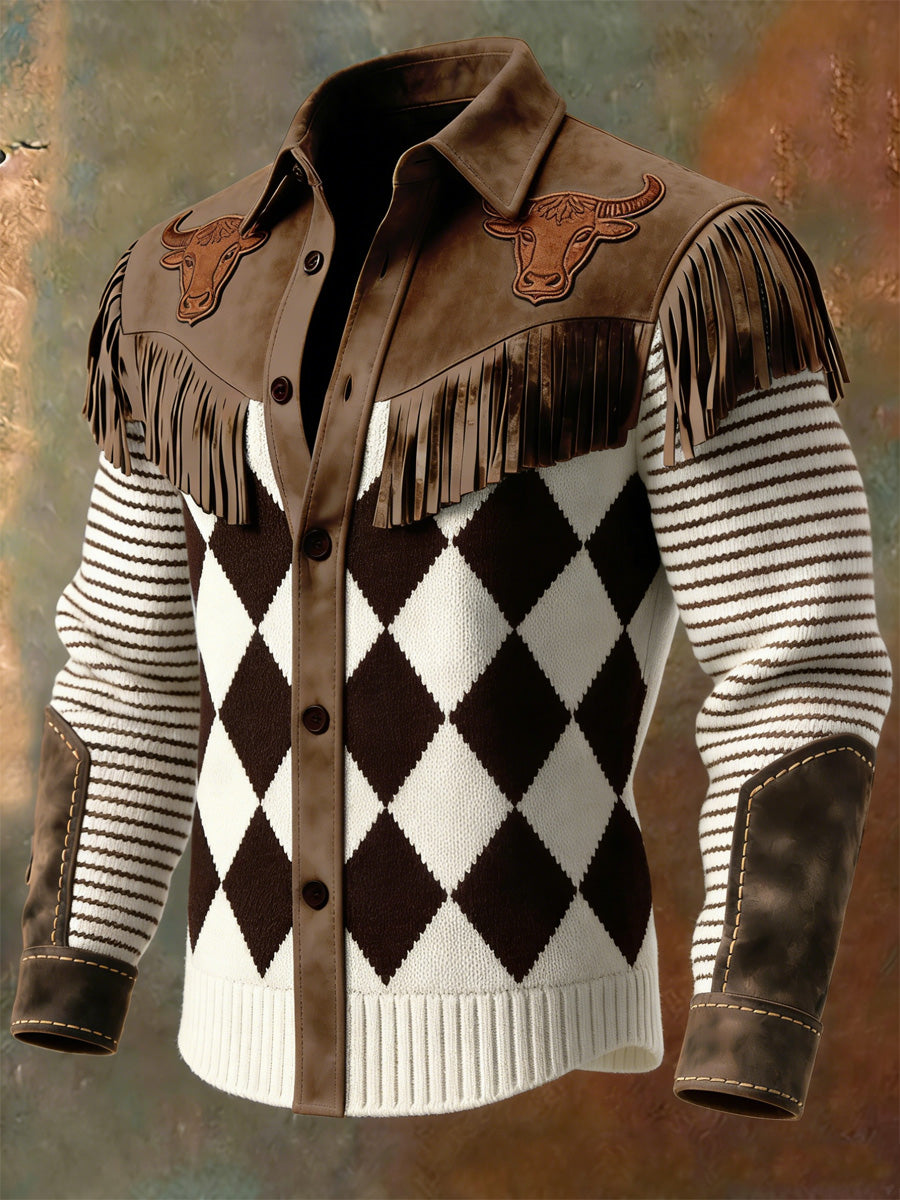 Men's Retro Western Style Art Print Vintage Tassel Casual Long Sleeve Shirt