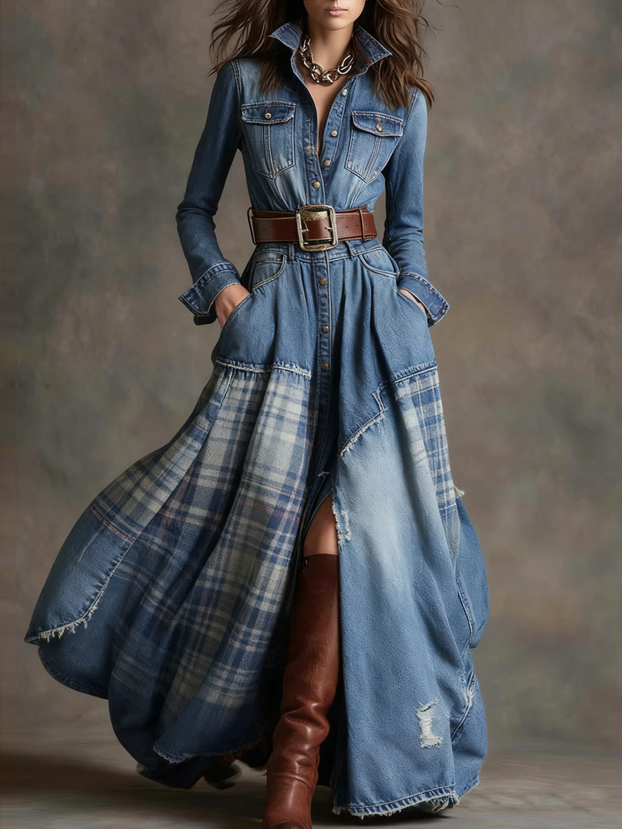 Retro Checkered Denim Texture Printed V-Neck Vintage Pocket-Style Long Sleeve Maxi Dress
