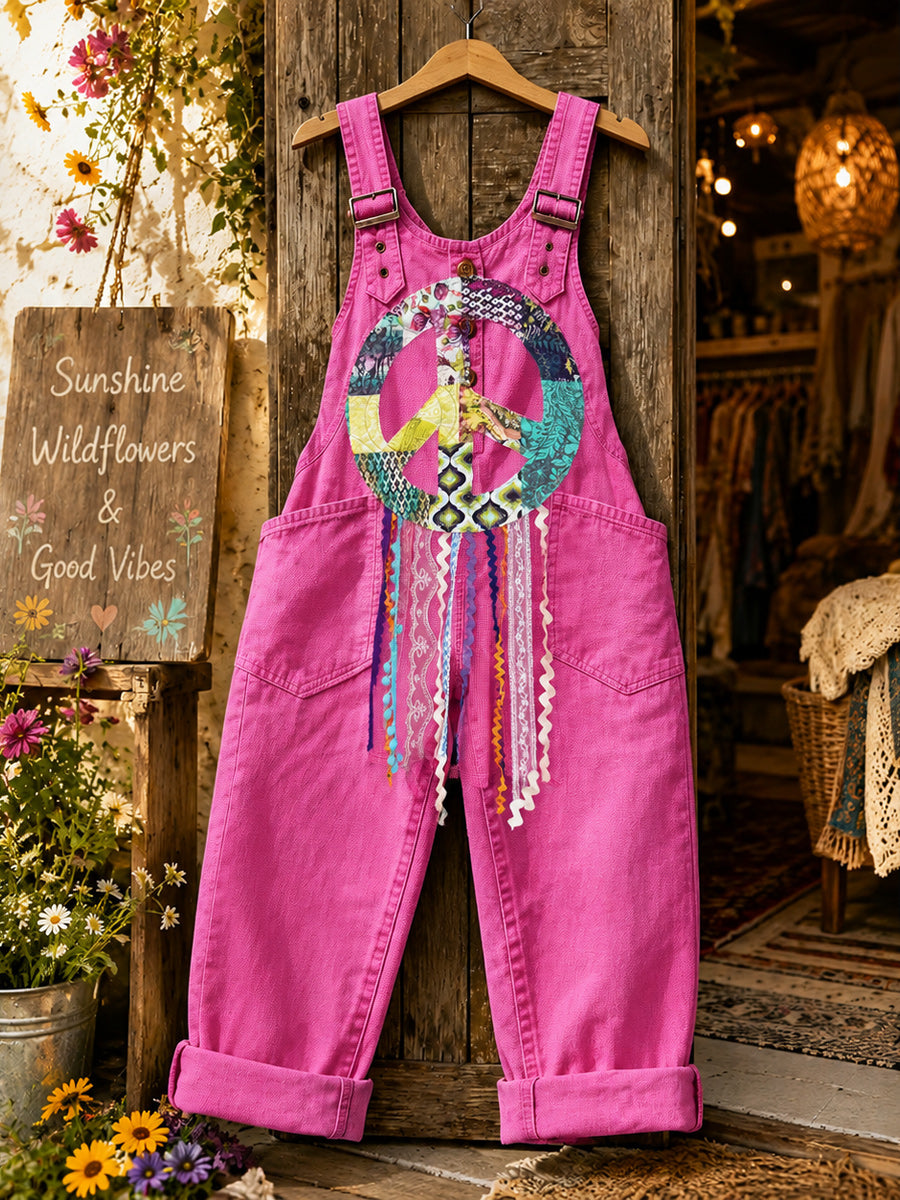 Women's Retro Style Art Print Washed Cotton Denim Patchwork Jumpsuit