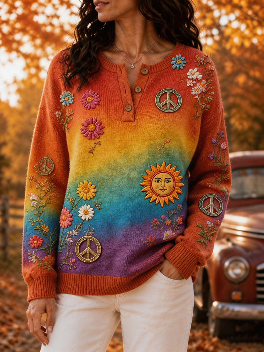 Women's Retro Autumn Art Print Knit Sweater