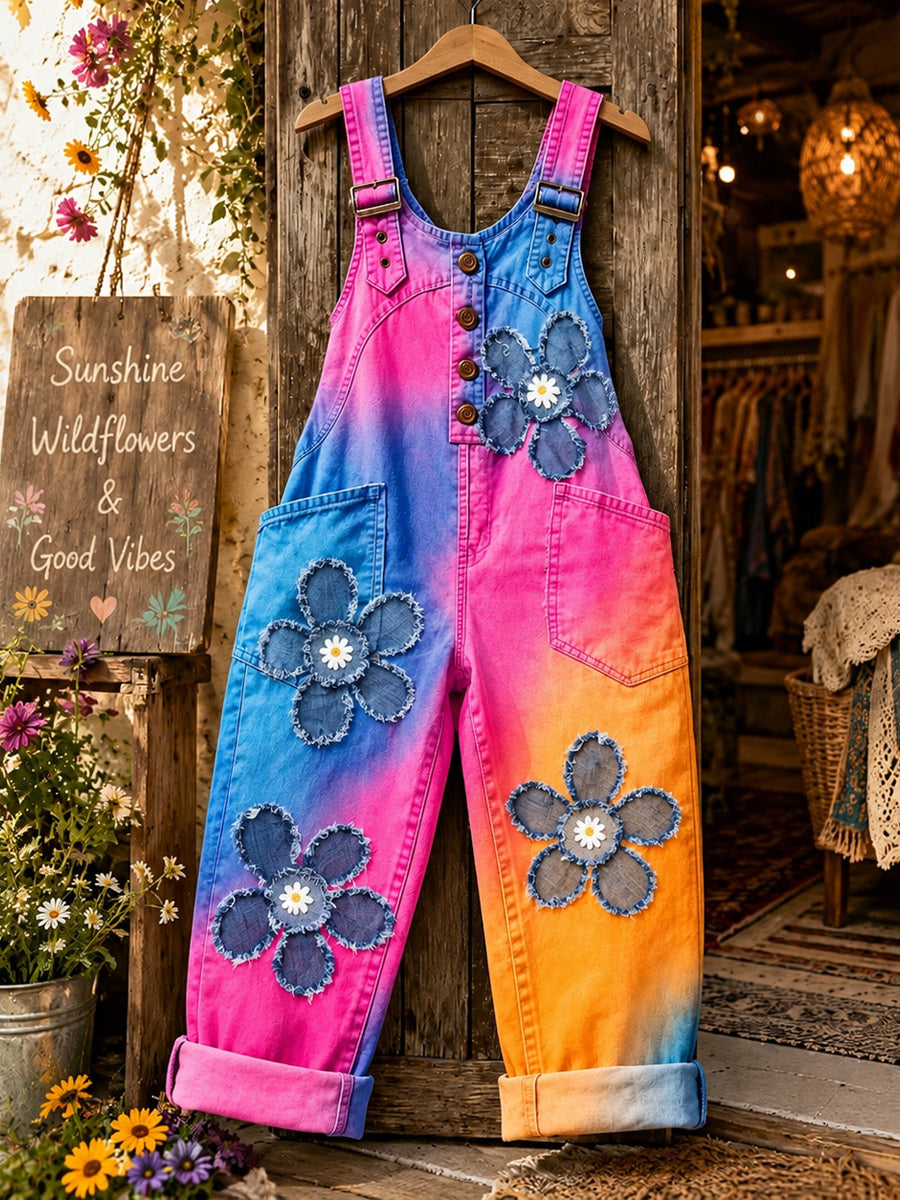 Women's Retro Style Art Print Washed Cotton Denim Patchwork Jumpsuit