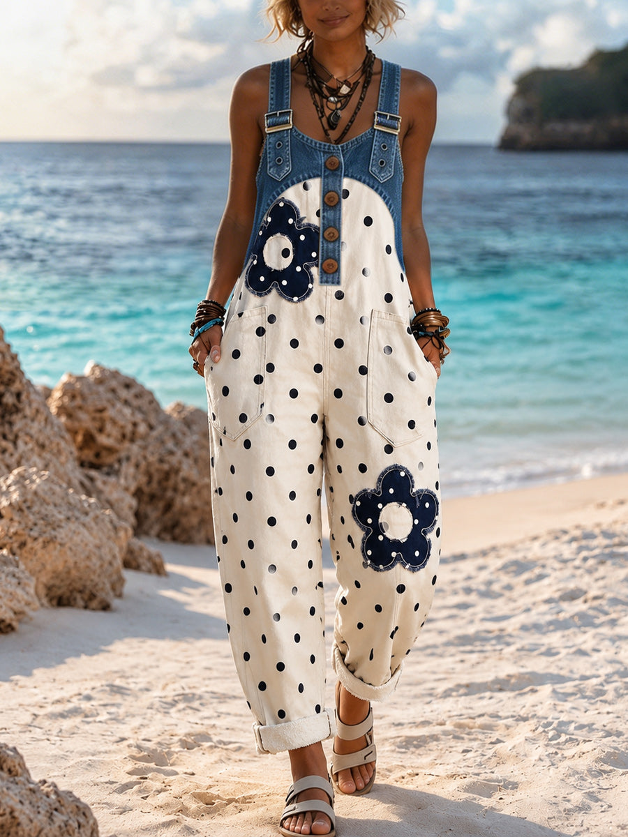 Women's Retro Style Art Print Washed Cotton Denim Patchwork Jumpsuit