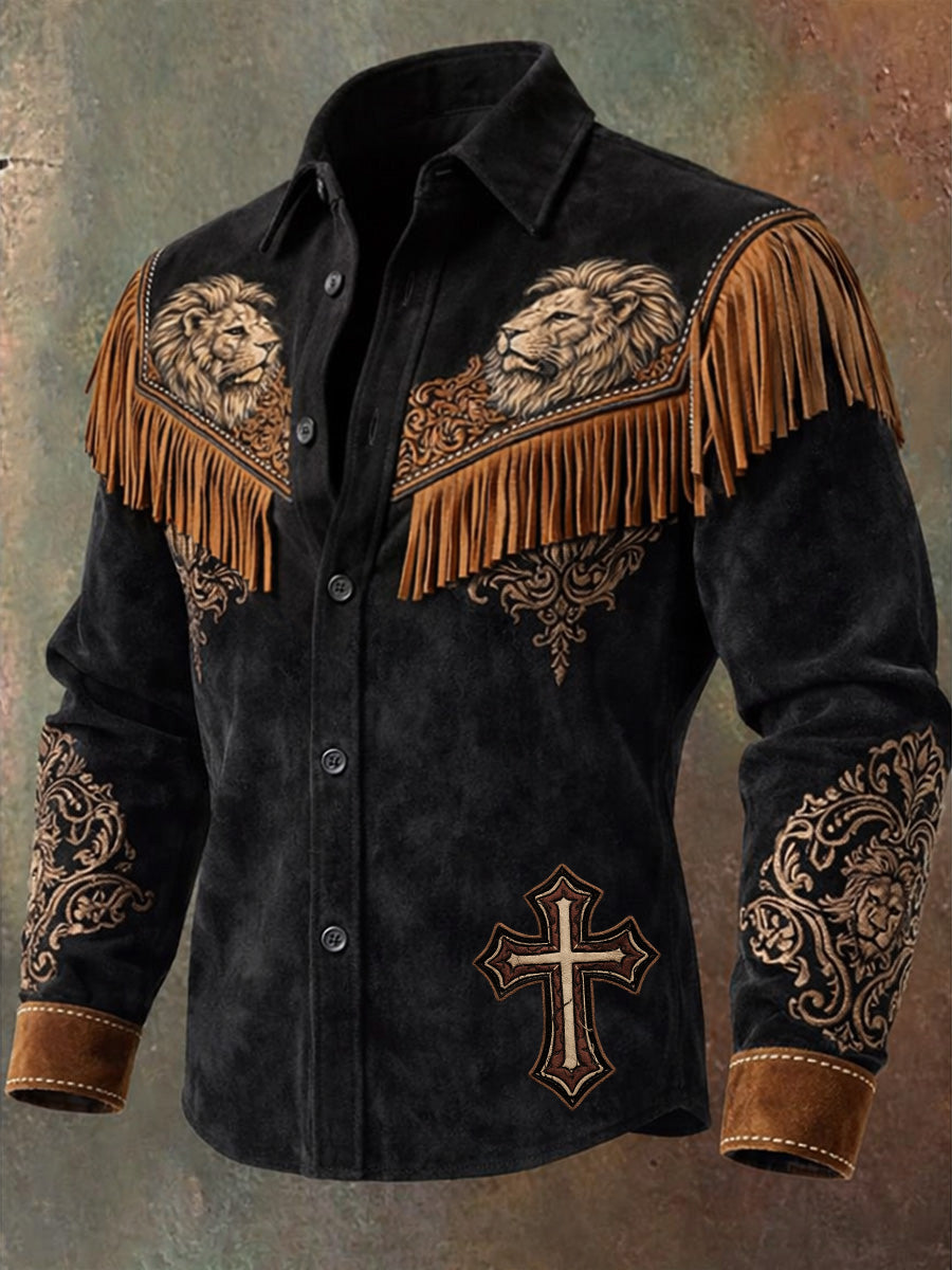 Men's Retro Western Style Lion Cross Print Vintage Tassel Casual Long Sleeve Shirt
