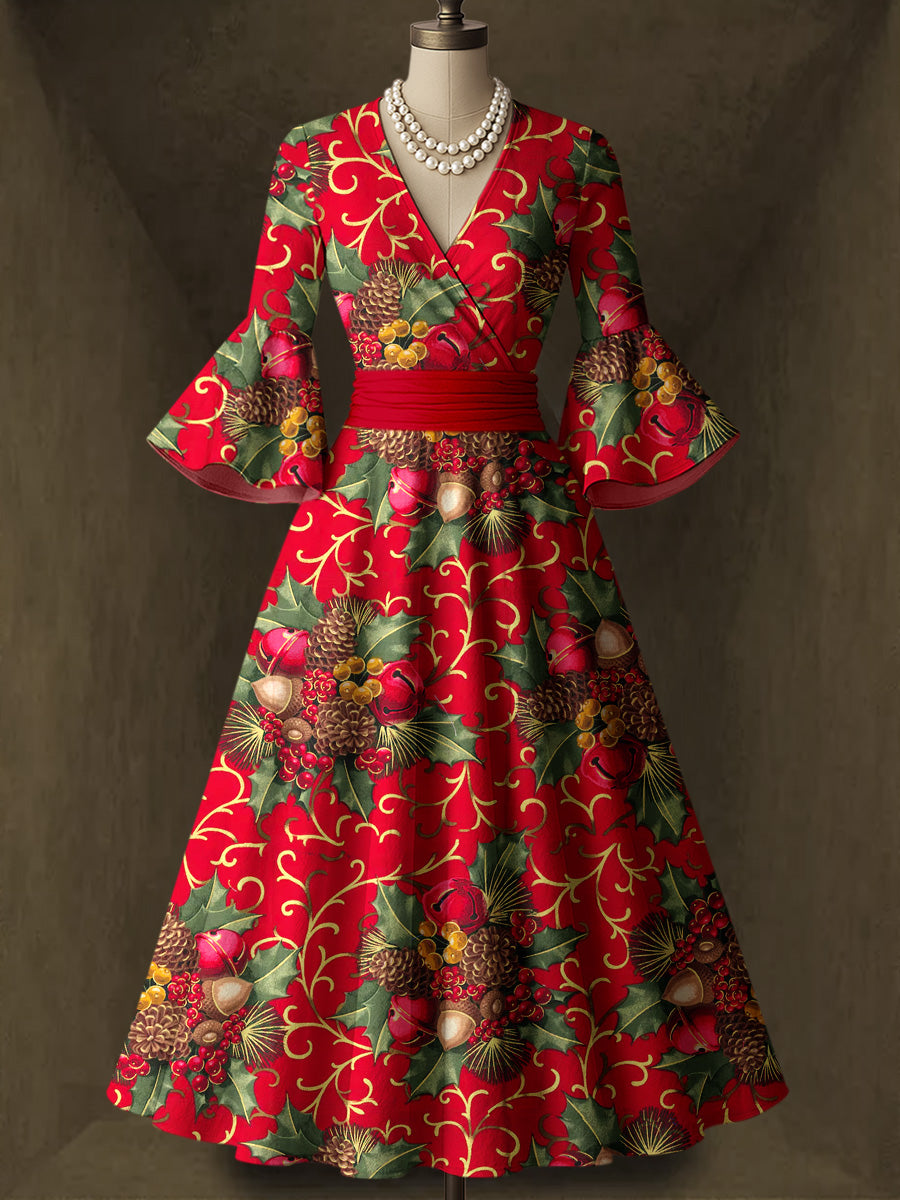 Retro Christmas Art Printed V-Neck Vintage Chic Pleated Waist Flare Sleeve Midi Dress