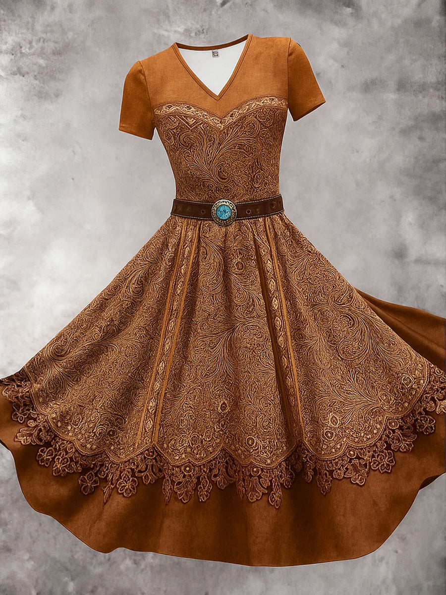 Retro Floral Carved Artistic Texture Printed Vintage V-Neck Short Sleeve Midi Dress