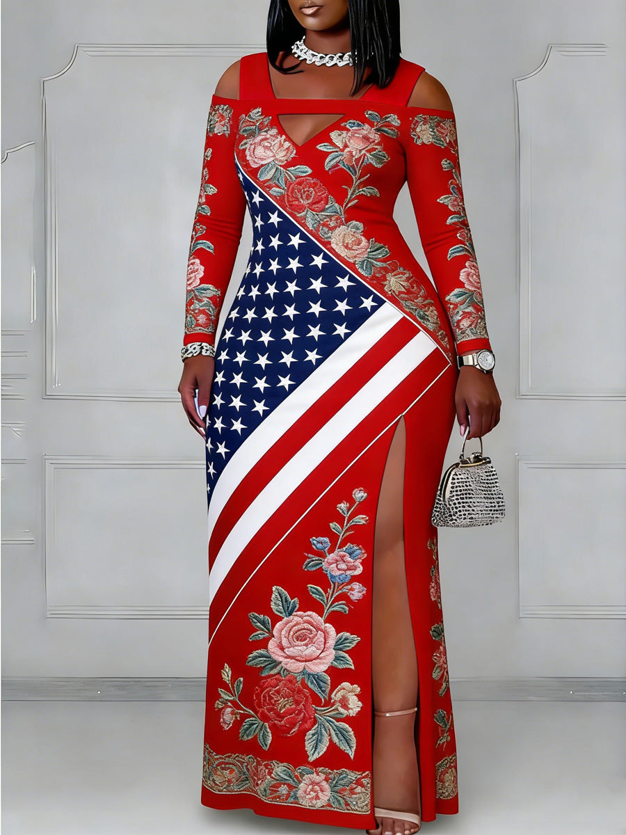Retro 250th Anniversary Floral Art Printed Vintage Off Shoulder Style Slit Maxi Dress