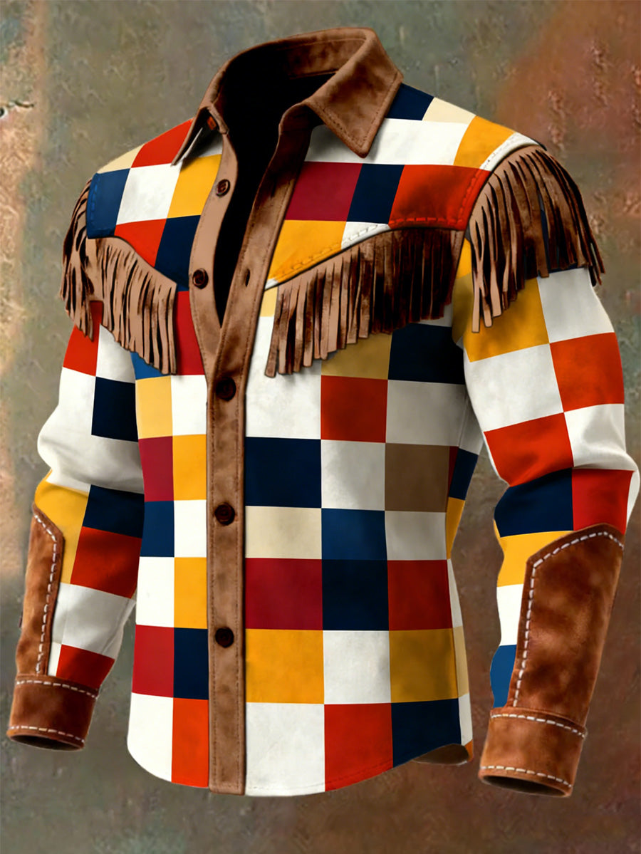 Men's Retro Western Style Art Print Vintage Tassel Casual Long Sleeve Shirt
