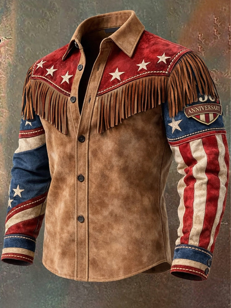 Men's Retro Western Style 250th Anniversary Print Vintage Tassel Casual Long Sleeve Shirt