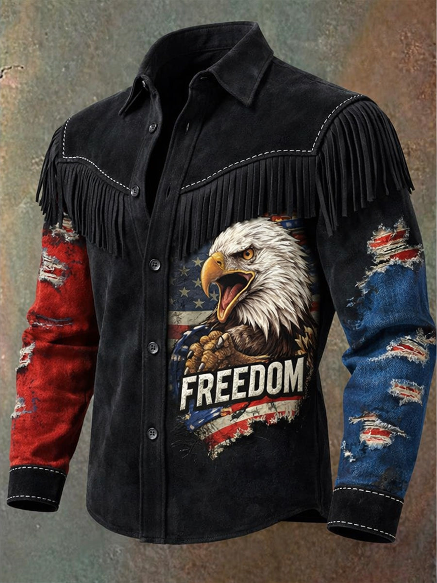 Men's Retro 250th Anniversary National Flag Print Vintage Tassel Casual Long Sleeve Shirt