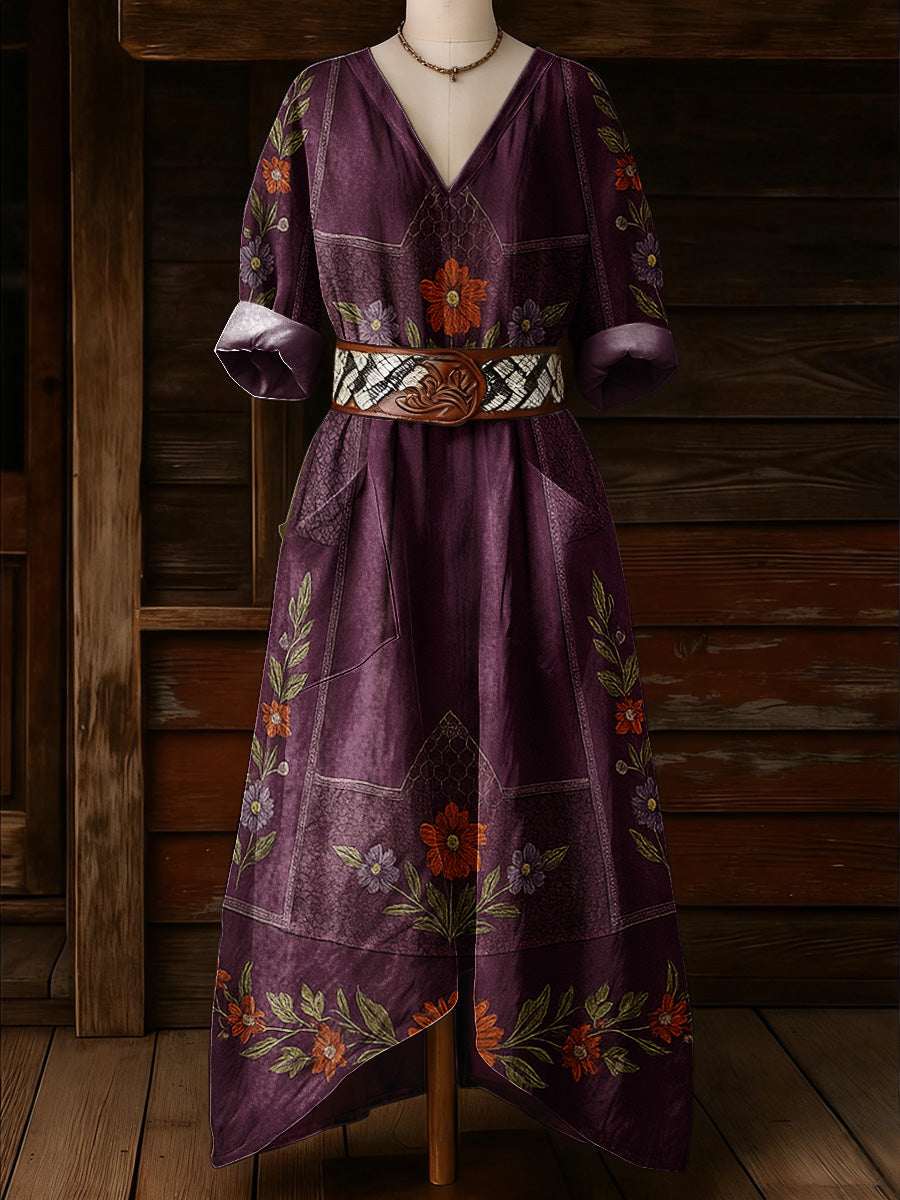 Women's Retro Floral Art Print Casual Vintage V-Neck Pocket Long-Sleeve Maxi Dress