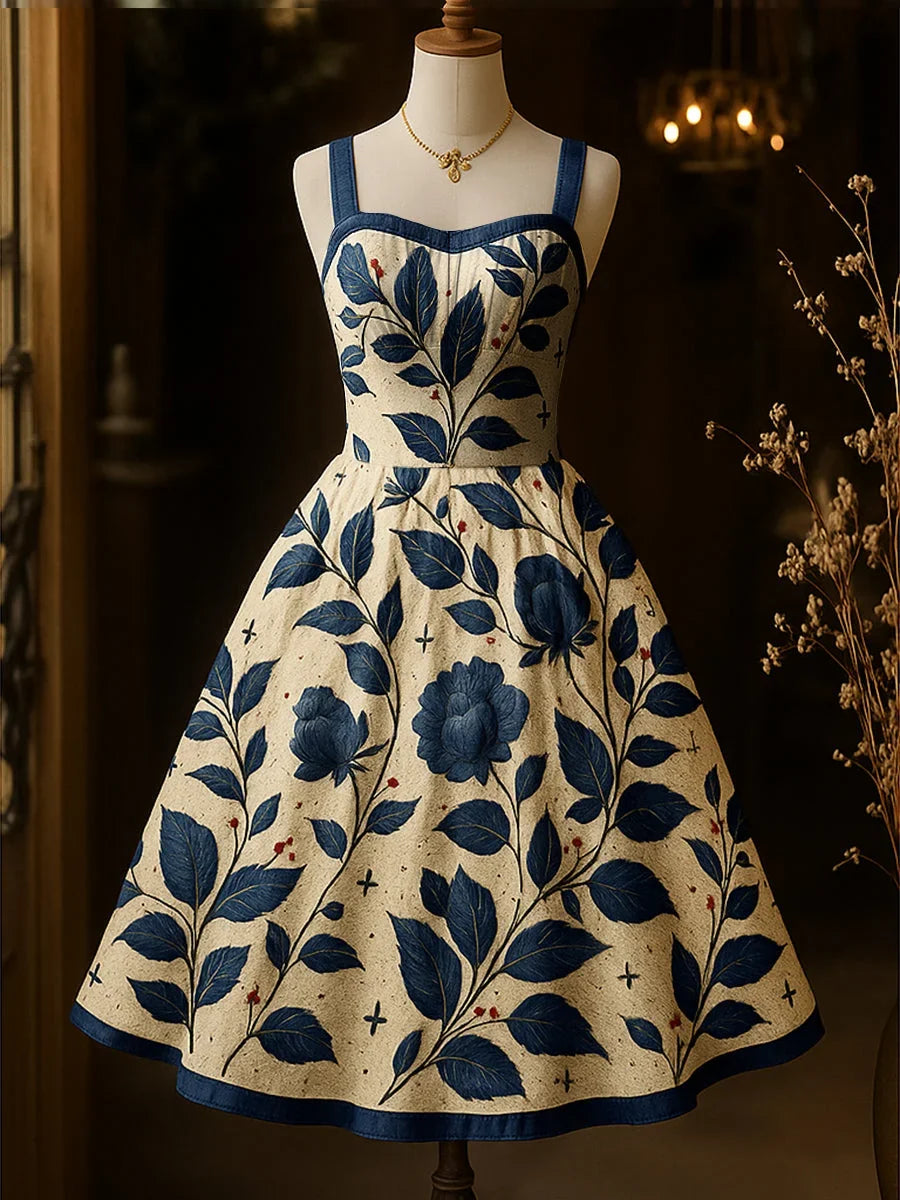 Floral Art Printed Vintage Round Neck Sleeveless Midi Dress