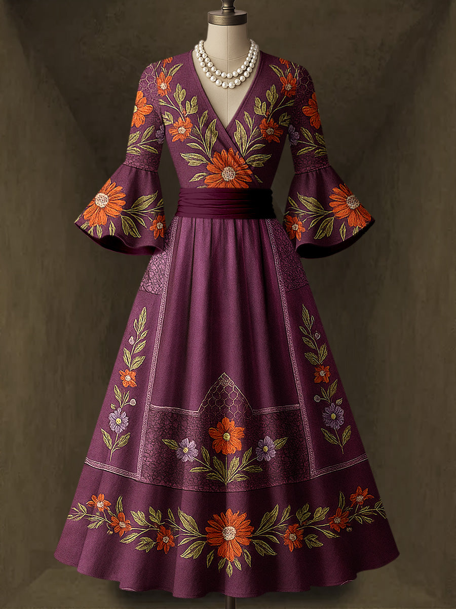Retro Floral Carved Art Printed V-Neck Vintage Chic Pleated Waist Flare Sleeve Midi Dress