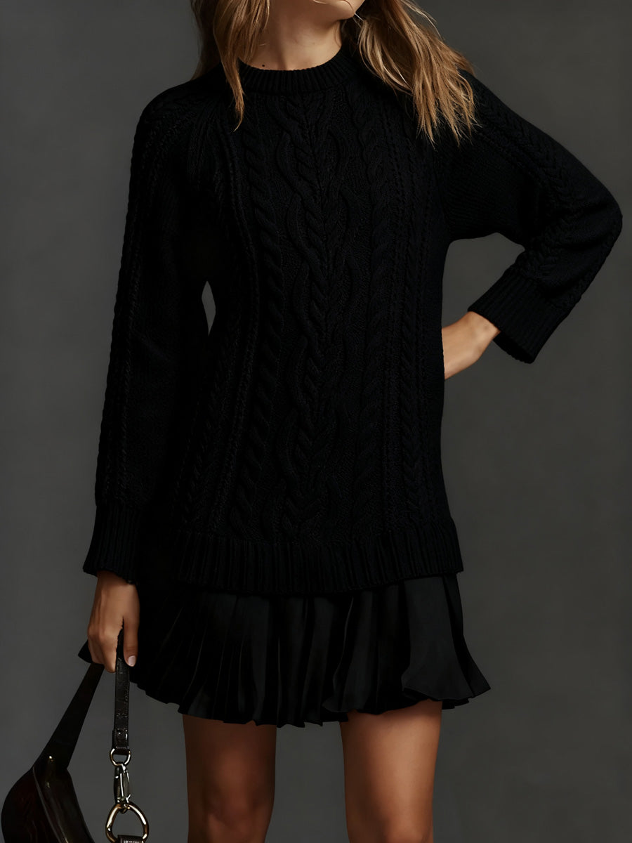 Vintage Unique Elegant Twisted Texture Sweater Chiffon Patchwork Dress