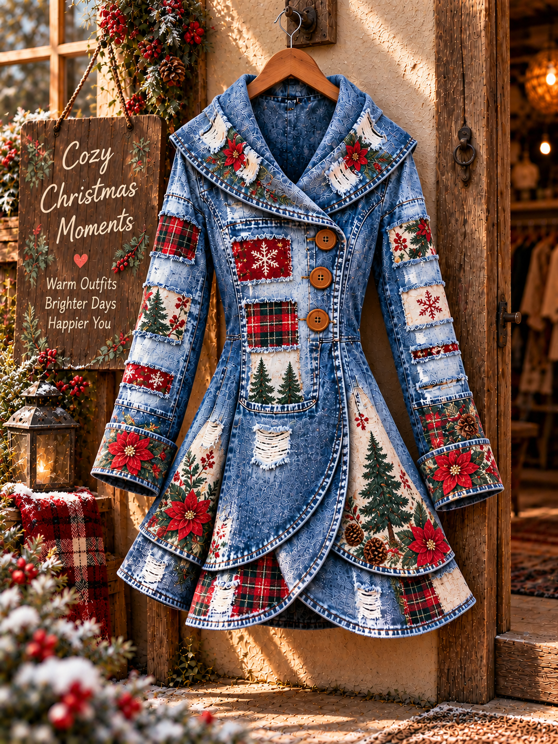Women's Vintage Denim Floral Art Print Asymmetrical Flared Coat