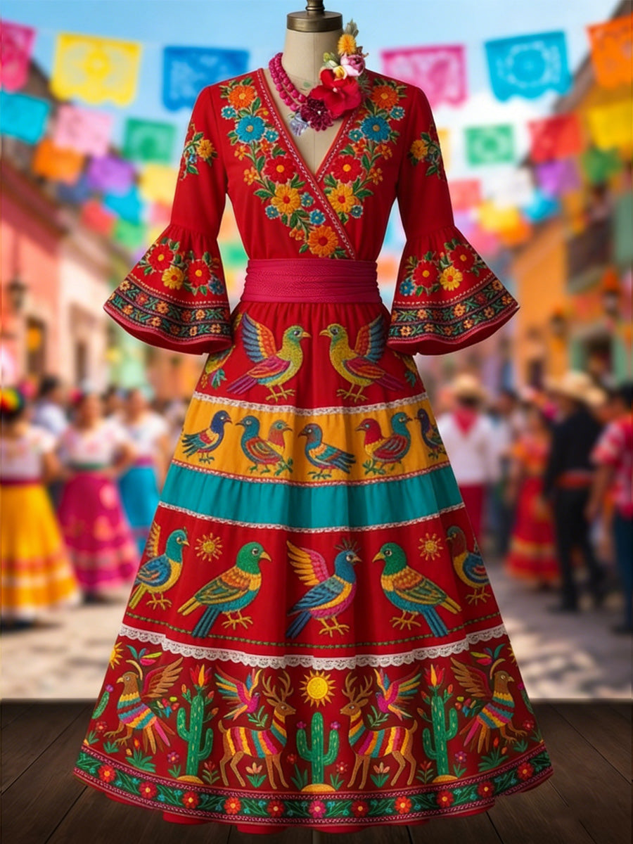 Retro Mexico Floral Art Printed V-Neck Vintage Pleated Waist Flare Sleeve Midi Dress