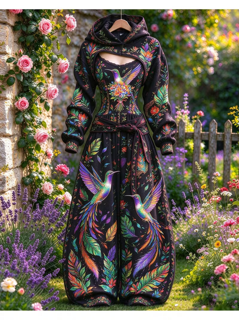 Women's Retro Art Print Long Sleeve Hooded Shrug Tank top Wide Leg Pants 3PCS