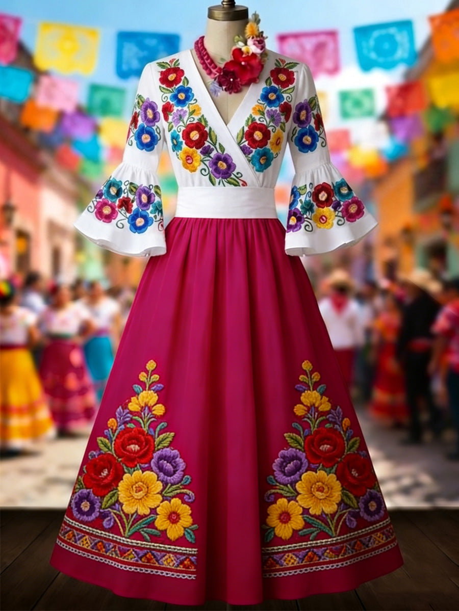 Retro Mexico Floral Art Printed V-Neck Vintage Pleated Waist Flare Sleeve Midi Dress