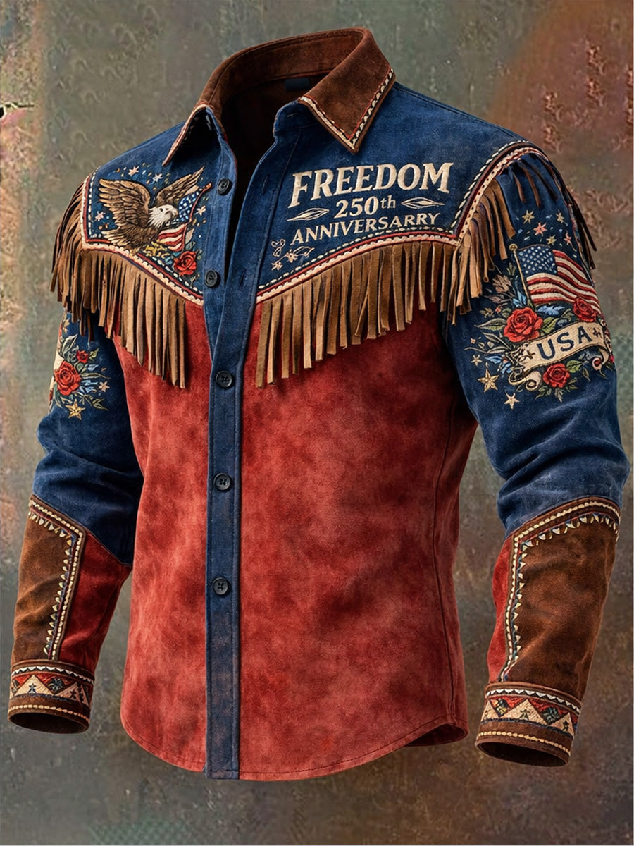 Men's Retro Western Style US 250th Anniversary Print Vintage Tassel Casual Long Sleeve Shirt