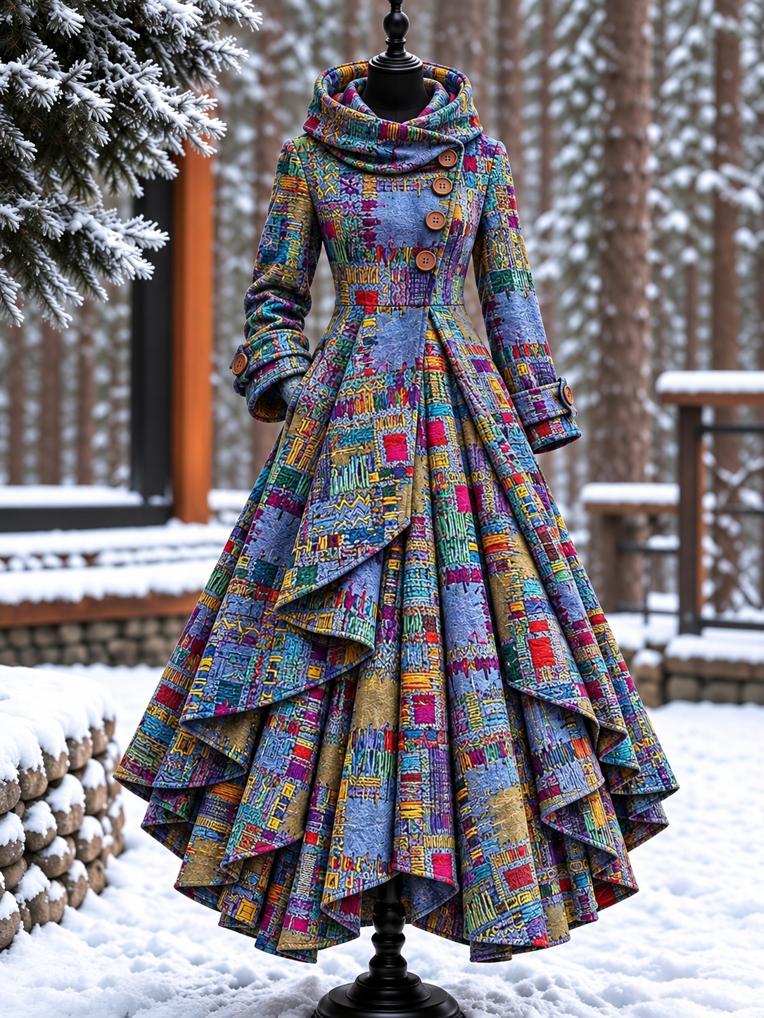 Women’s Vintage High-Collar Asymmetrical Double-Layer Hem Long Maxi Coat