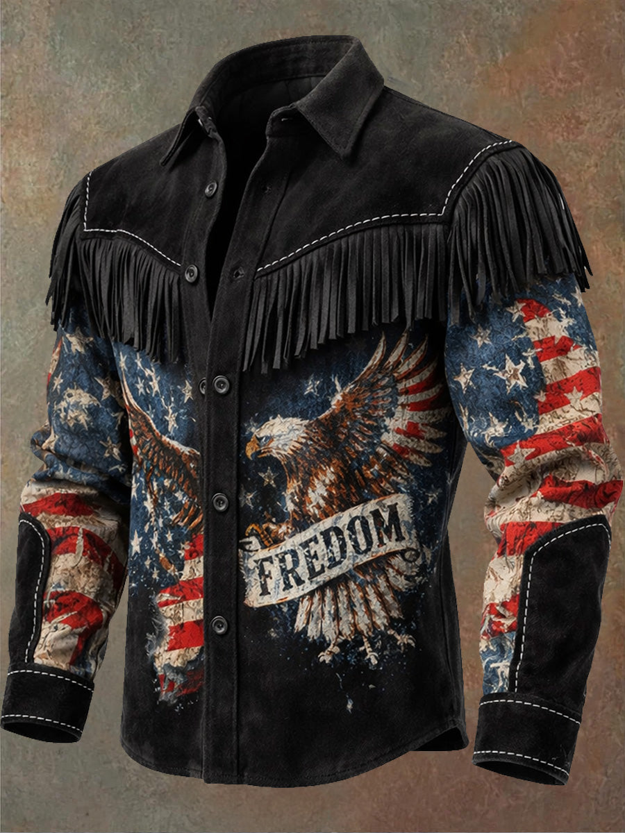 Men's Retro 250th Anniversary National Flag Print Vintage Tassel Casual Long Sleeve Shirt