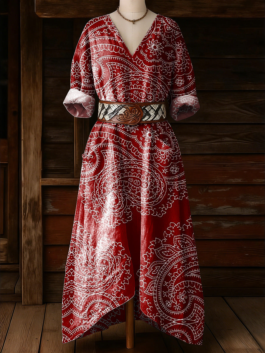 Women's Retro Floral Art Print Casual Vintage V-Neck Pocket Long-Sleeve Maxi Dress