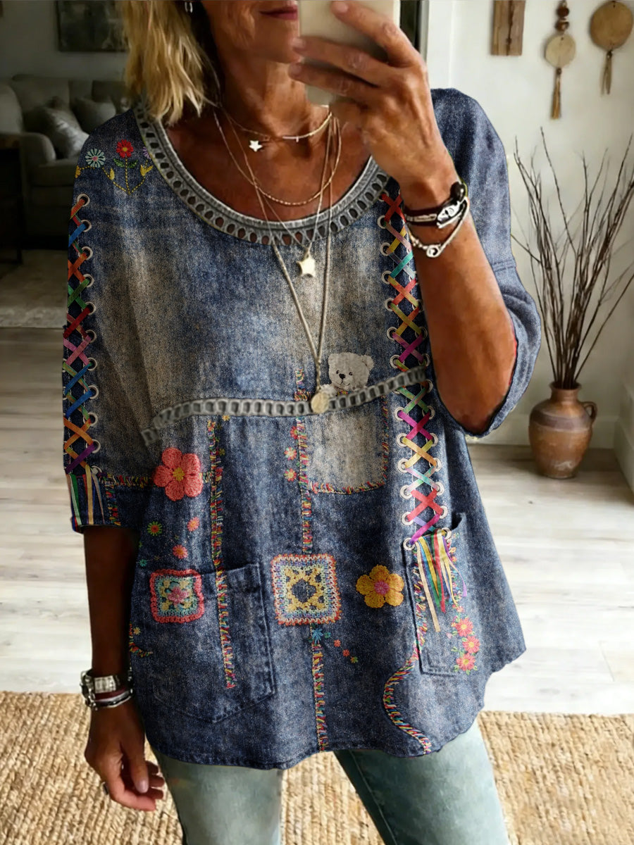 Women's Retro Casual Style Print Vintage Half Sleeves Shirt