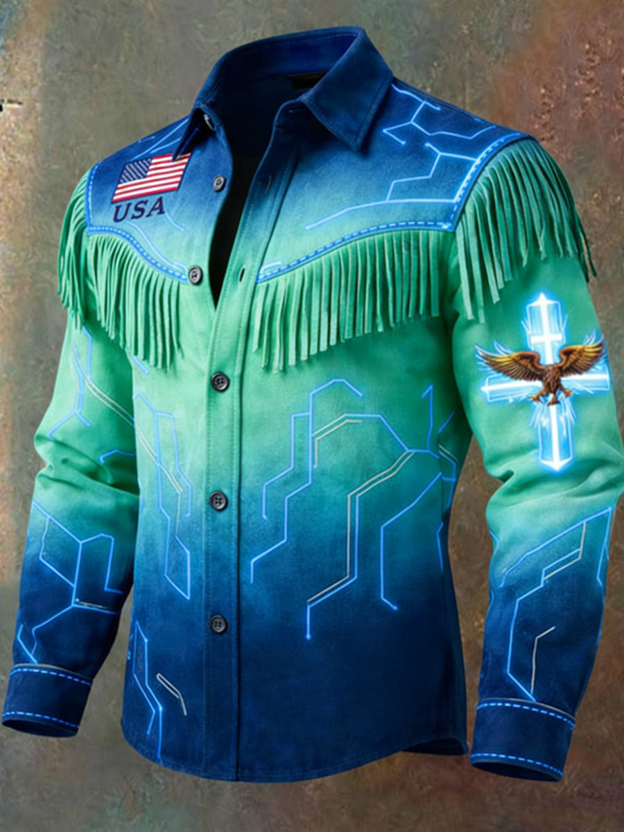 Men's Retro USA Flag Art Print Western Vintage Tassel Casual Long Sleeve Shirt