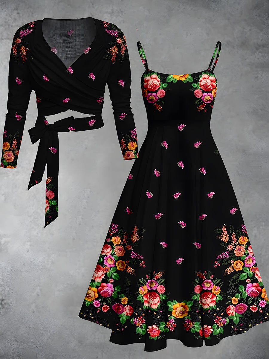 Retro Floral Art Printed Vintage Unique Slim Fit Cross Wrap Long Sleeve Two-Piece Midi Dress