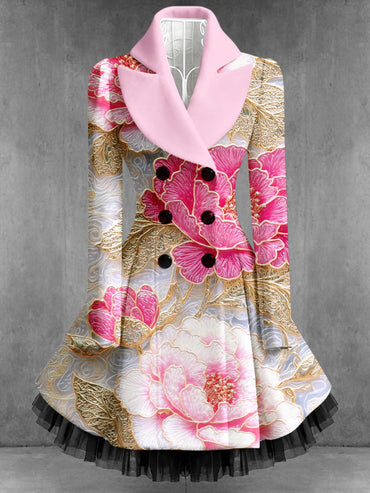Retro Artistic Floral Print Vintage Elegance Lapel Button Up Long Sleeve Coat Dress