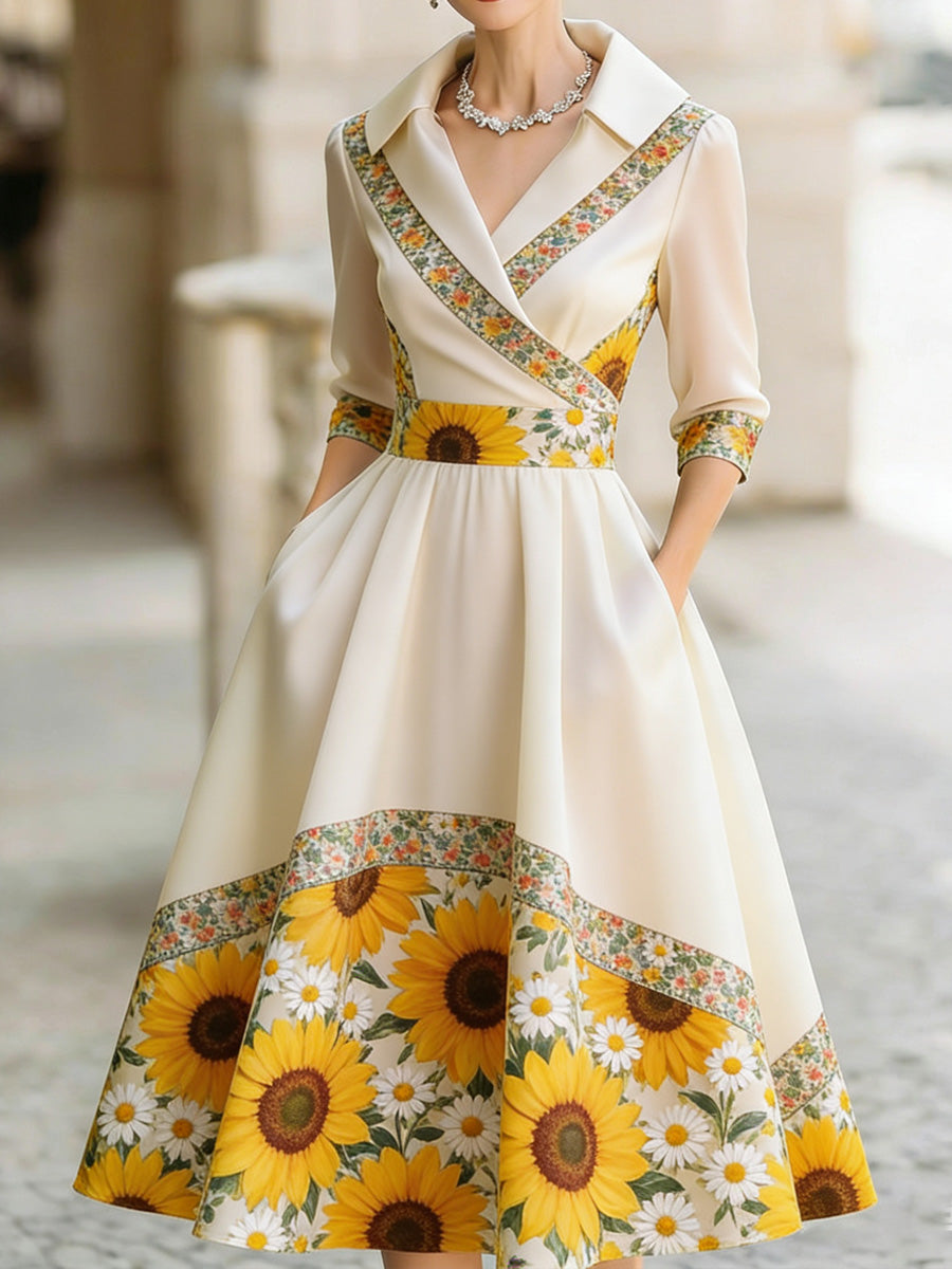 Retro Floral Art Texture Printed V-Neck Vintage Pocket-Style Long Sleeve Midi Dress