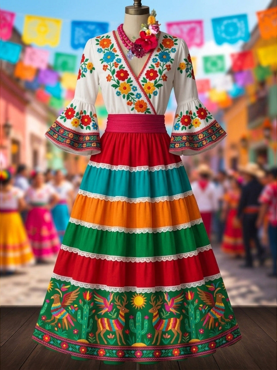 Retro Mexico Floral Art Printed V-Neck Vintage Pleated Waist Flare Sleeve Midi Dress
