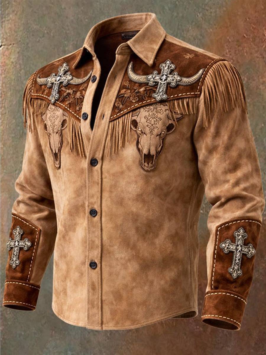 Men's Retro Western Style Vintage Casual Cotton Long Sleeve Fringe Shirt