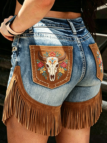 Women's Retro Floral Art Print Casual Leather Fringe Patchwork Pocket Shorts