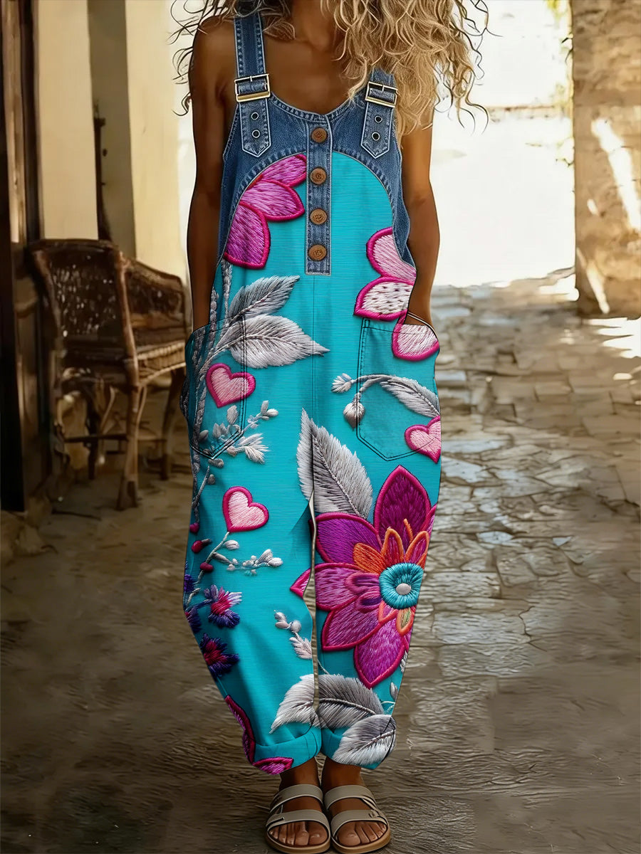 Women's Retro Style Print Washed Cotton Denim Patchwork Jumpsuit