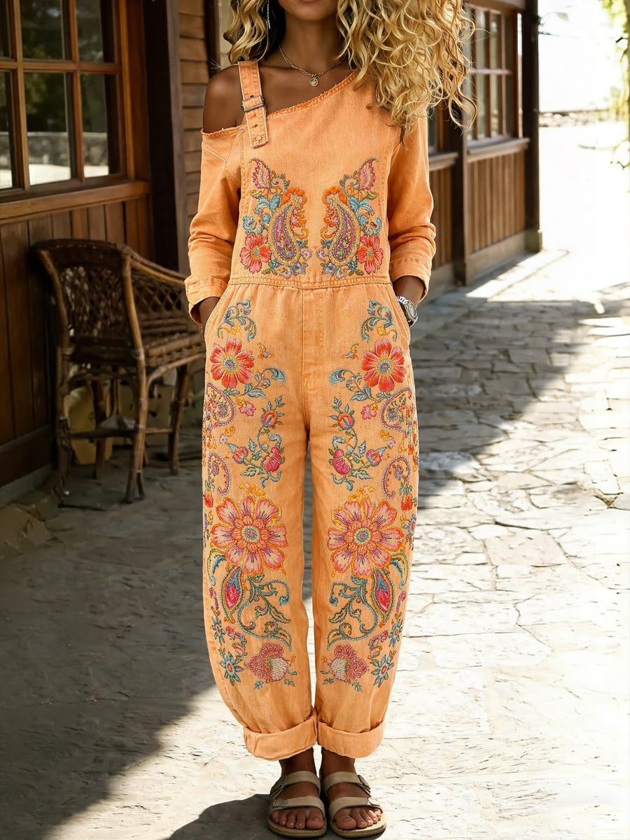 Women's Retro Style Floral Art Print Washed Cotton Denim Patchwork Jumpsuit