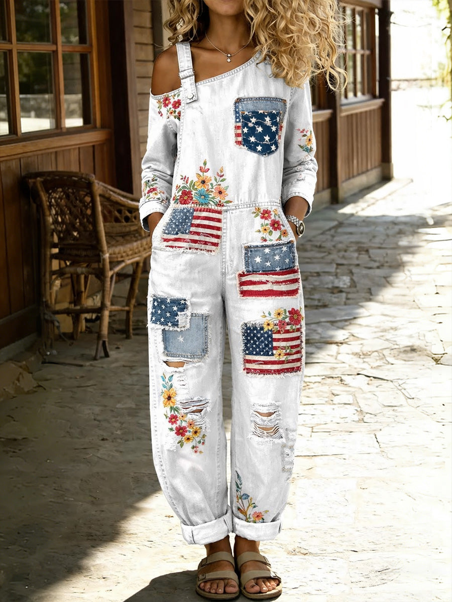 Women's Retro Hippy Floral Art Print Washed Cotton Denim Patchwork Jumpsuit