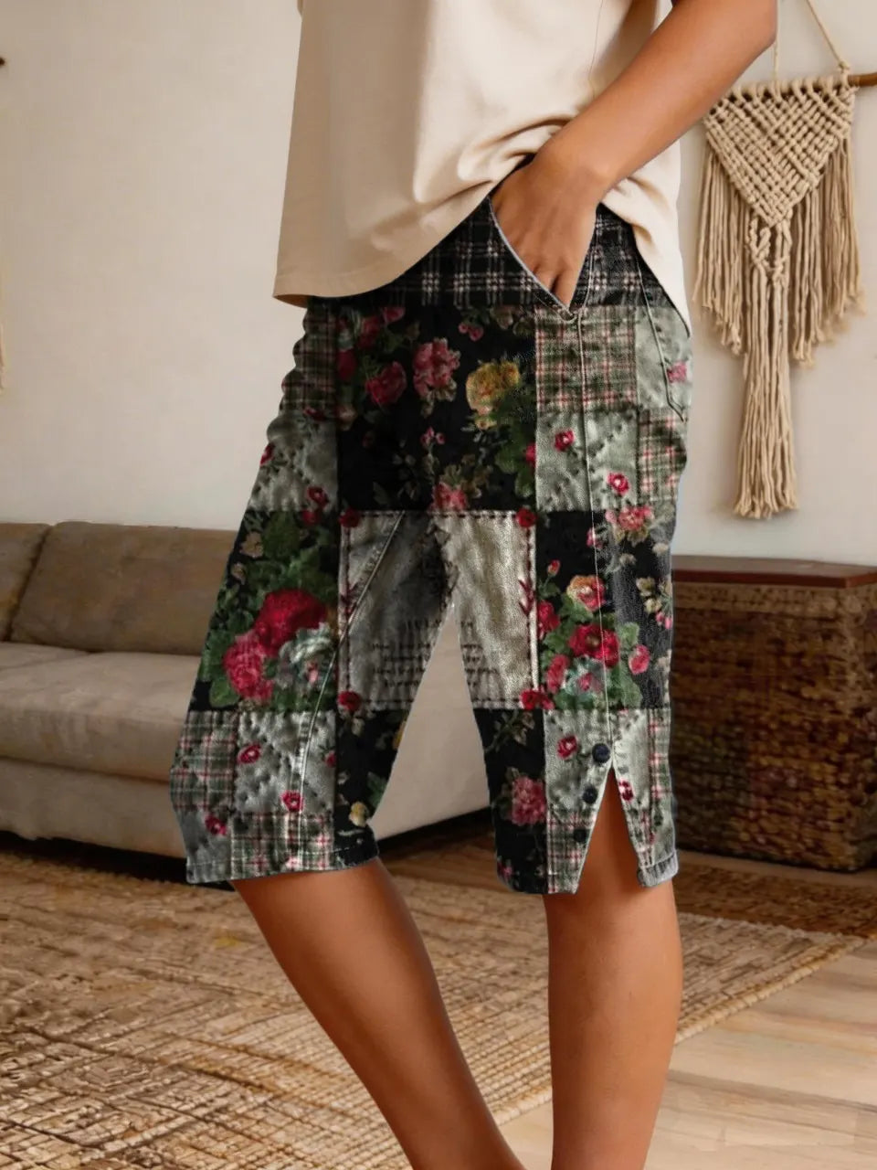 Women's Vintage Patchwork Art Print Casual Denim Shorts