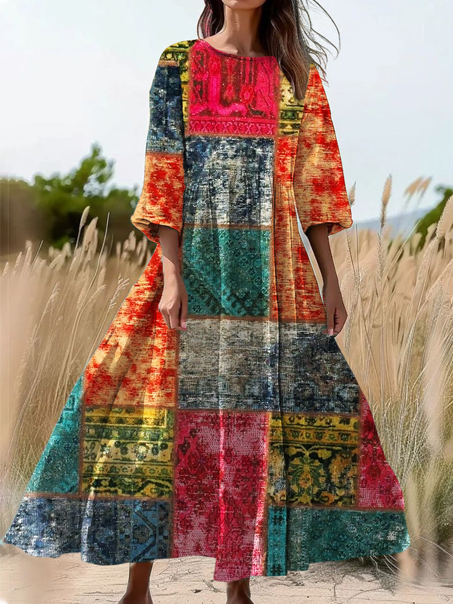 Retro Patchwork Art Print Long Sleeve Midi Dress