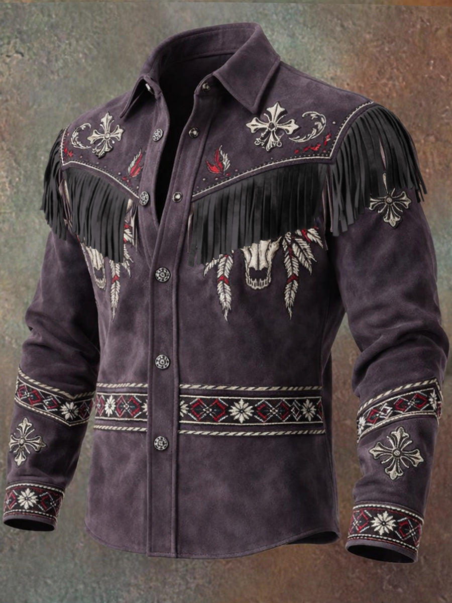 Men's Retro Western Style Art Print Vintage Tassel Casual Long Sleeve Shirt
