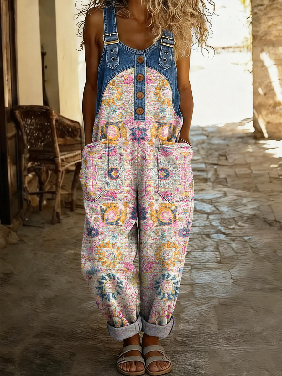 Women's Retro Ethnic Art Print Casual Sleeveless Denim Patchwork Jumpsuit