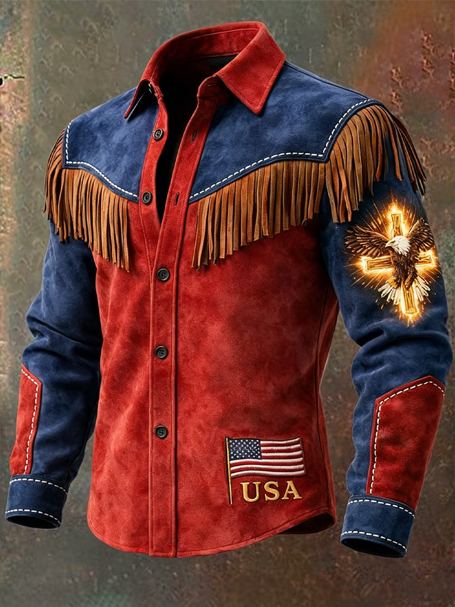 Men's Retro USA Flag Art Print Western Vintage Tassel Casual Long Sleeve Shirt