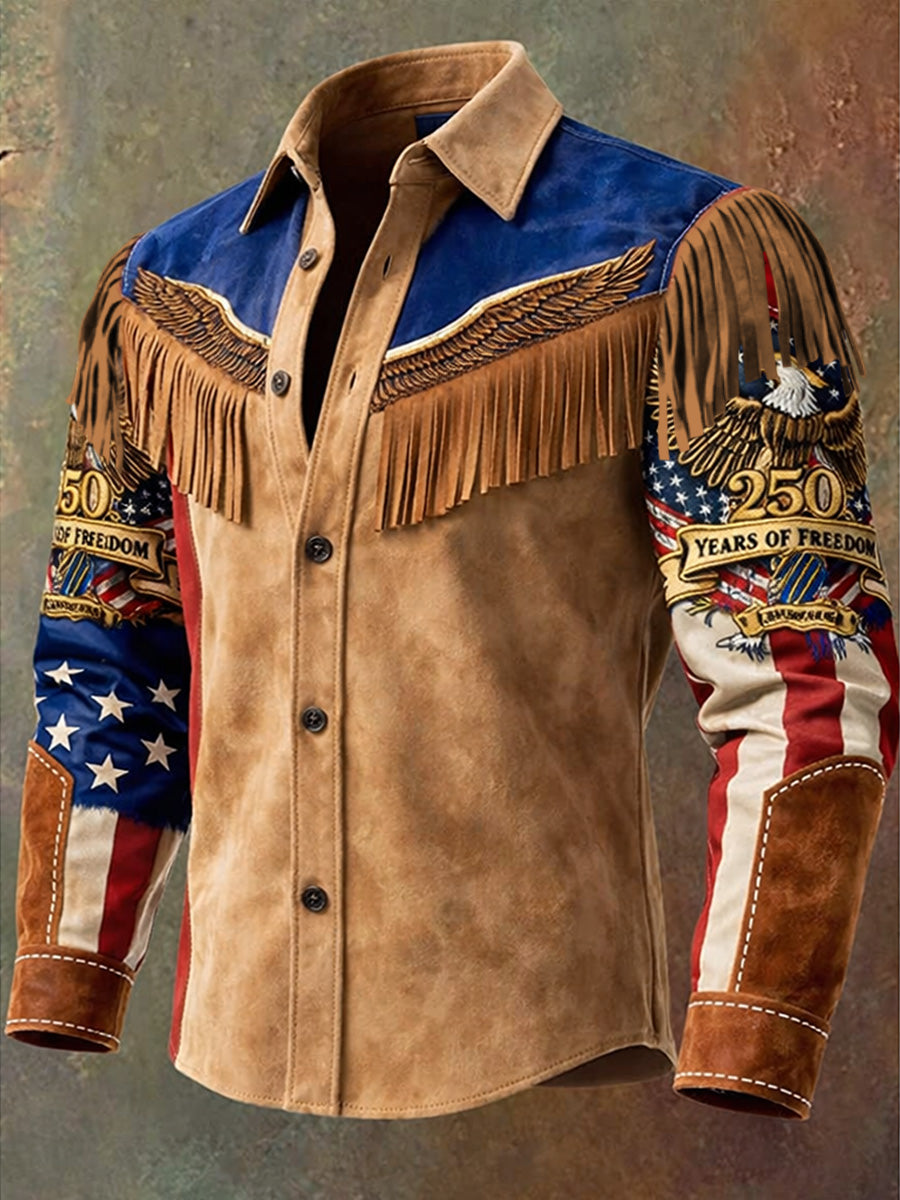 Men's Retro Western Style US 250th Anniversary Print Vintage Tassel Casual Long Sleeve Shirt