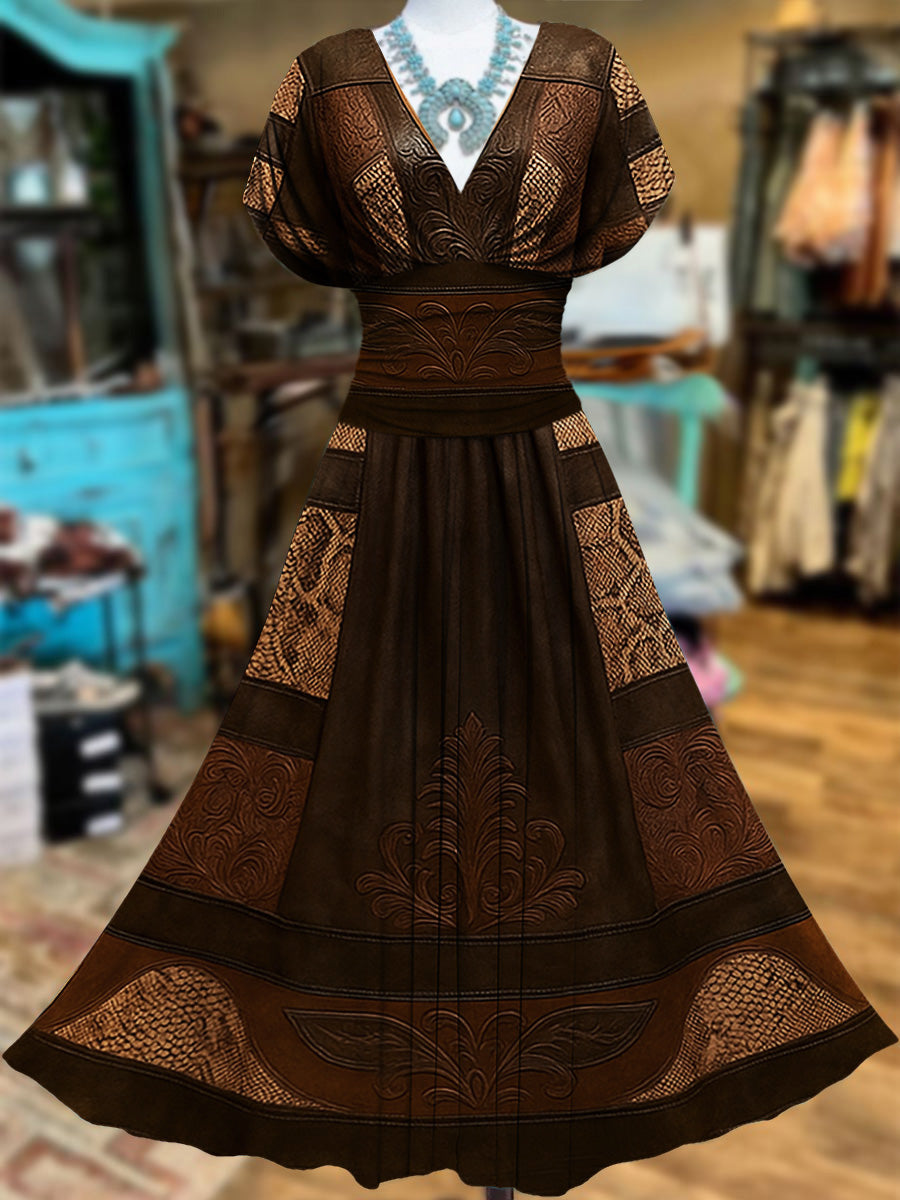 Retro Suede Floral Carved Art Printed Elegant V-Neck Vintage Batwing Short Sleeve Maxi Dress