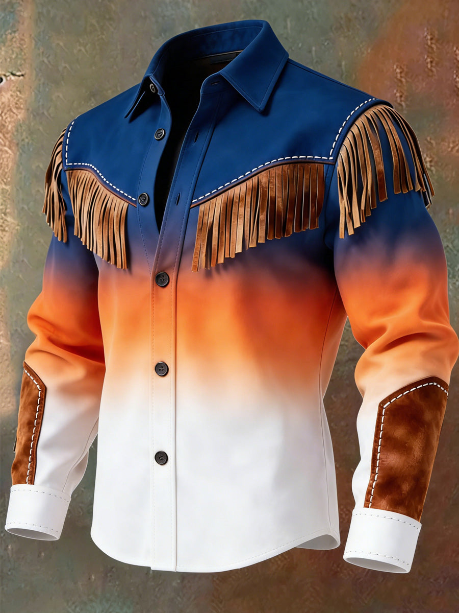 Men's Gradation Art Western Style Print Vintage Tassel Casual Long Sleeve Shirt