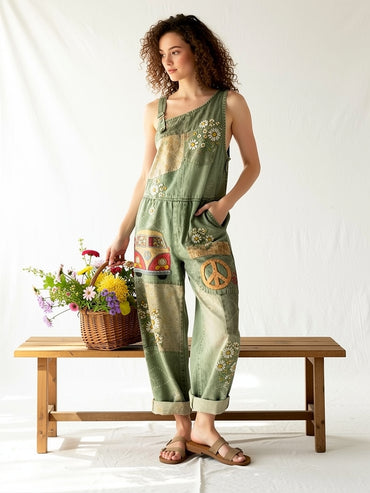 Women's Retro Style Floral Art Print Washed Cotton Denim Patchwork Sleeveless Jumpsuit
